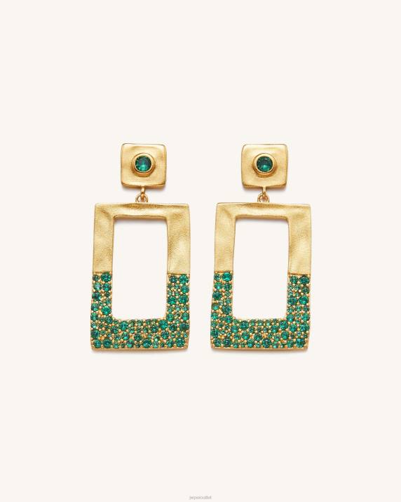 18ct Gold Plated & Green Nano JW PEI Geometrical Openwork Rectangle Earrings VV8B387