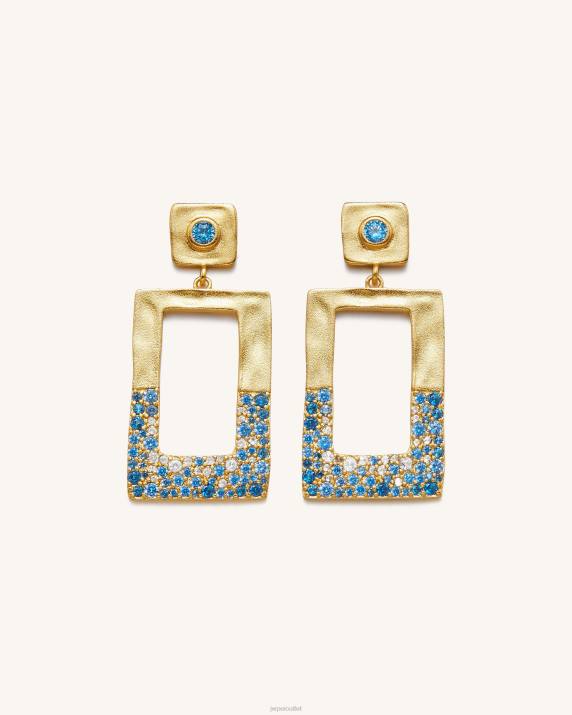 18ct Gold Plated & Sea Blue Nano JW PEI Geometrical Openwork Rectangle Earrings VV8B388