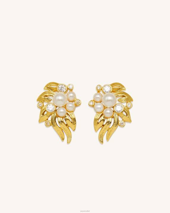 18ct Gold Plated & White Zircon & Faux Pearls JW PEI Flowers Earings VV8B400