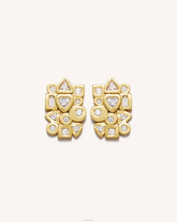 18ct Gold Plated & White Zircon JW PEI Geometrical Combination Earrings VV8B397