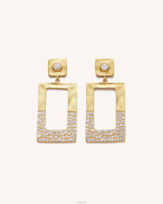 18ct Gold Plated & White Zircon JW PEI Geometrical Openwork Rectangle Earrings VV8B386