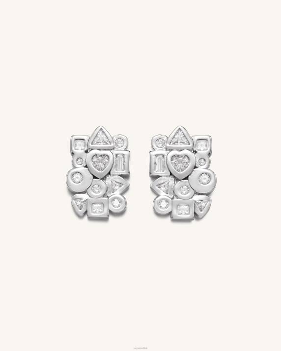 18ct White Gold Plated & White Zircon JW PEI Geometrical Combination Earrings VV8B399