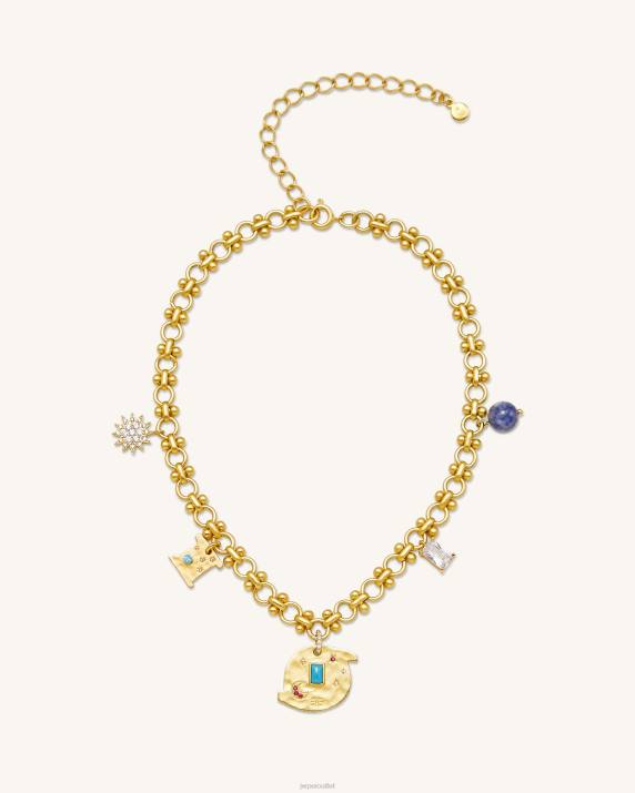 18ct Gold Plated & Turquoise & Multicolor Zircon & Blue And White Porcelain Beads JW PEI Cosmos Round Multi Charm Necklace VV8B367